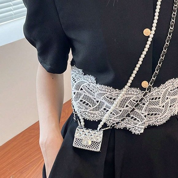 Silver Preppy Womens Mini Metallic Flap Square Bag Pearl Decor - Picture 2 of 5